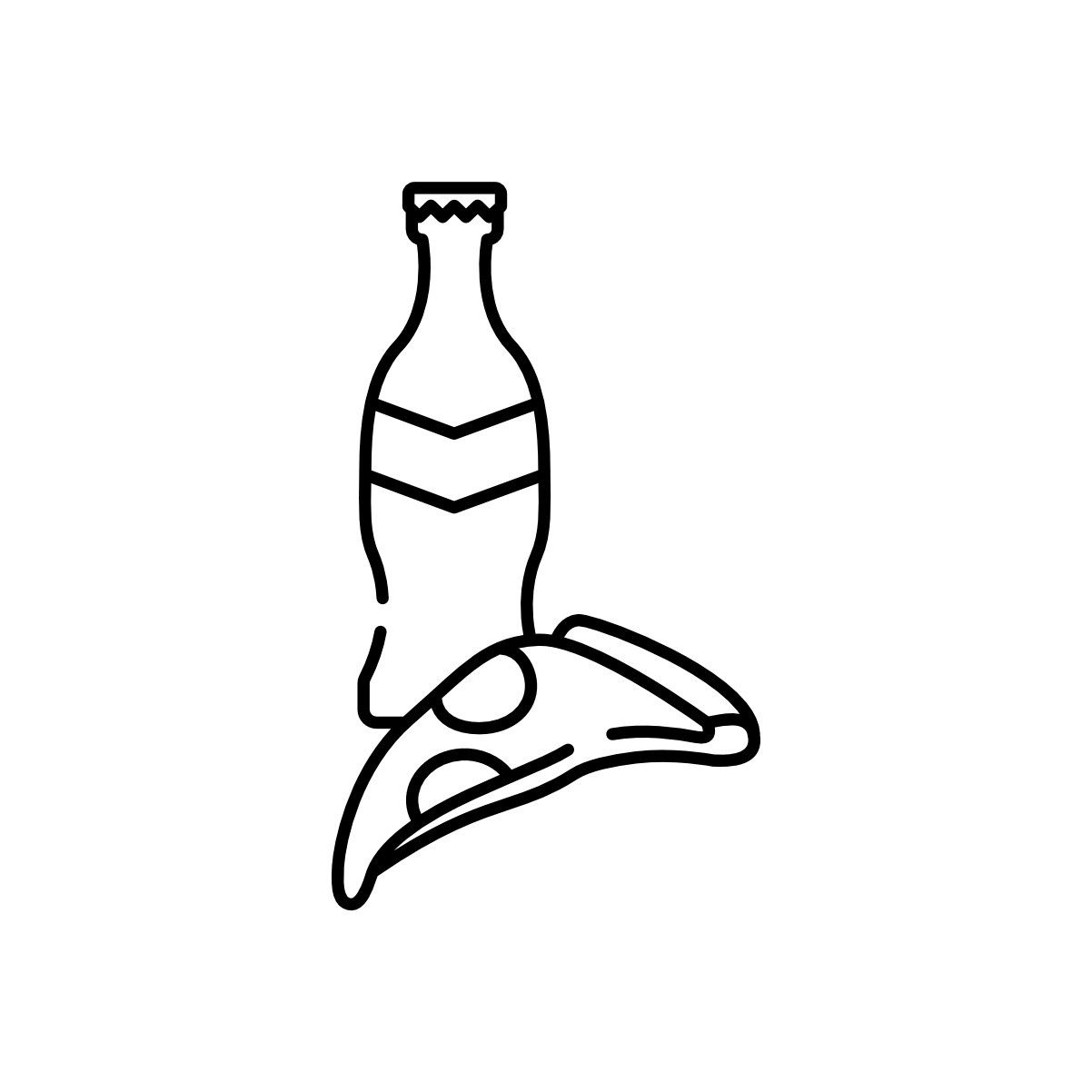 Eine Flasche mit einem Pizza-Slice, beide in einem einfachen, skizzenhaften Stil dargestellt.