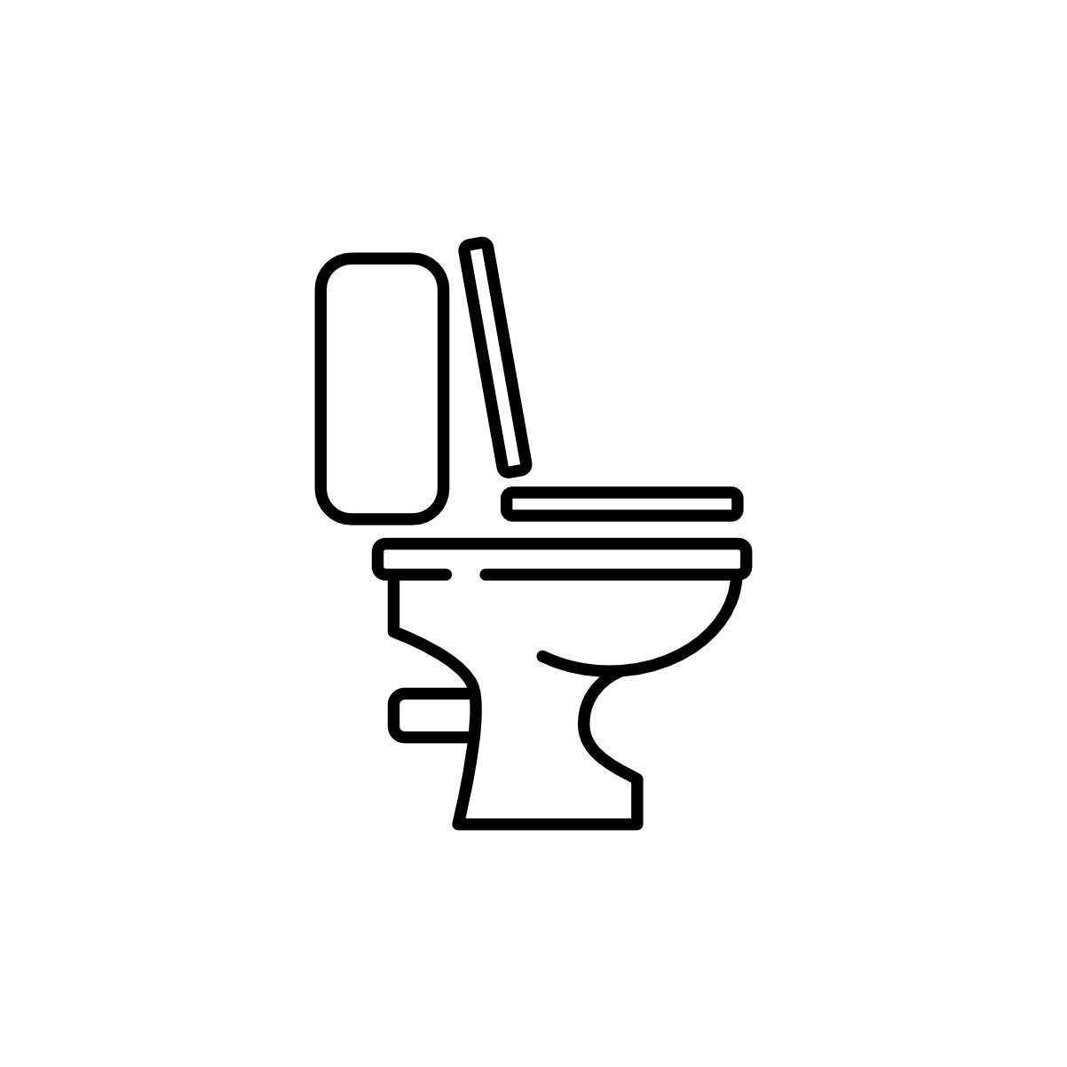 Linienzeichnung einer Toilettenschüssel mit offenem Deckel in minimalistischer Darstellung.
